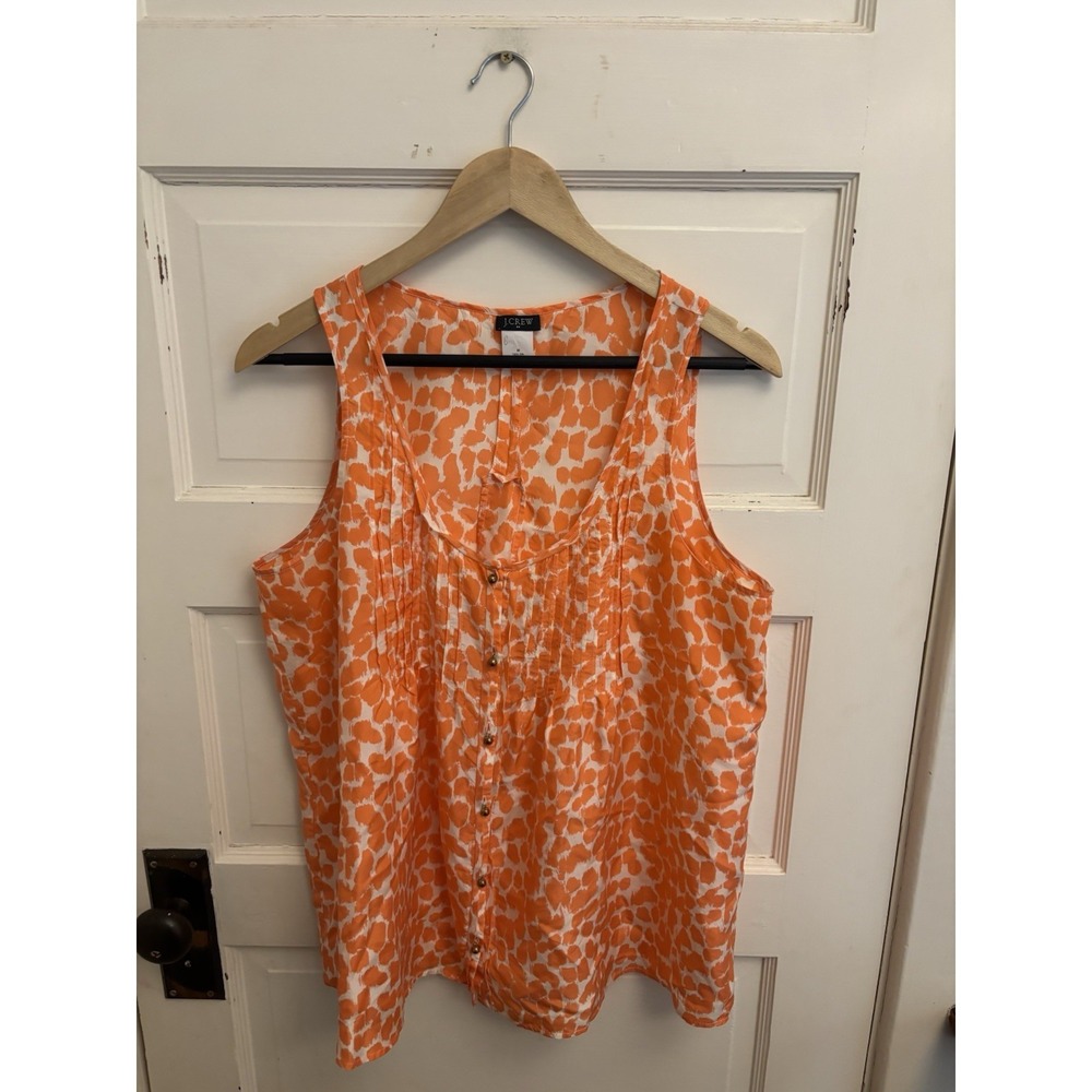 J. Crew Women's Silk Top Orange Print Sleeveless Tank Pintuck‎ Button Size M